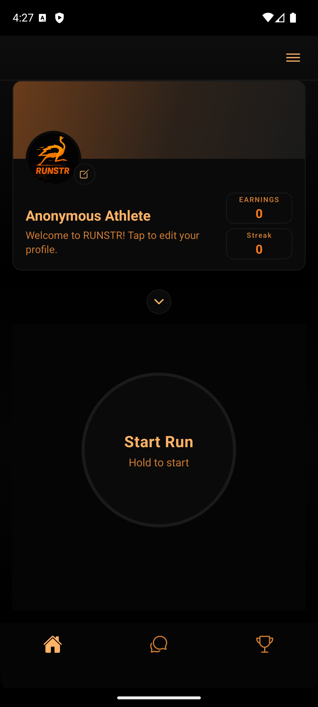 RUNSTR Dashboard screen