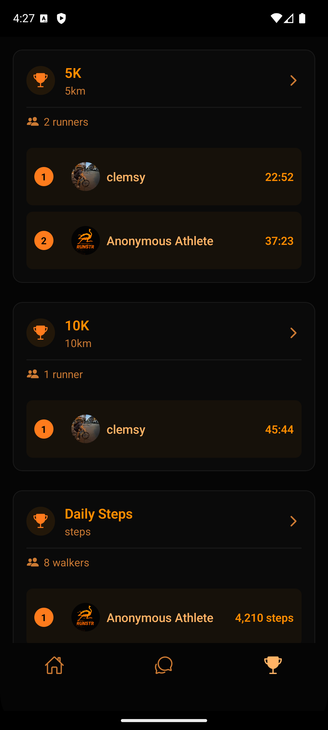 RUNSTR Leaderboard showing 5K, 10K, and daily steps standings