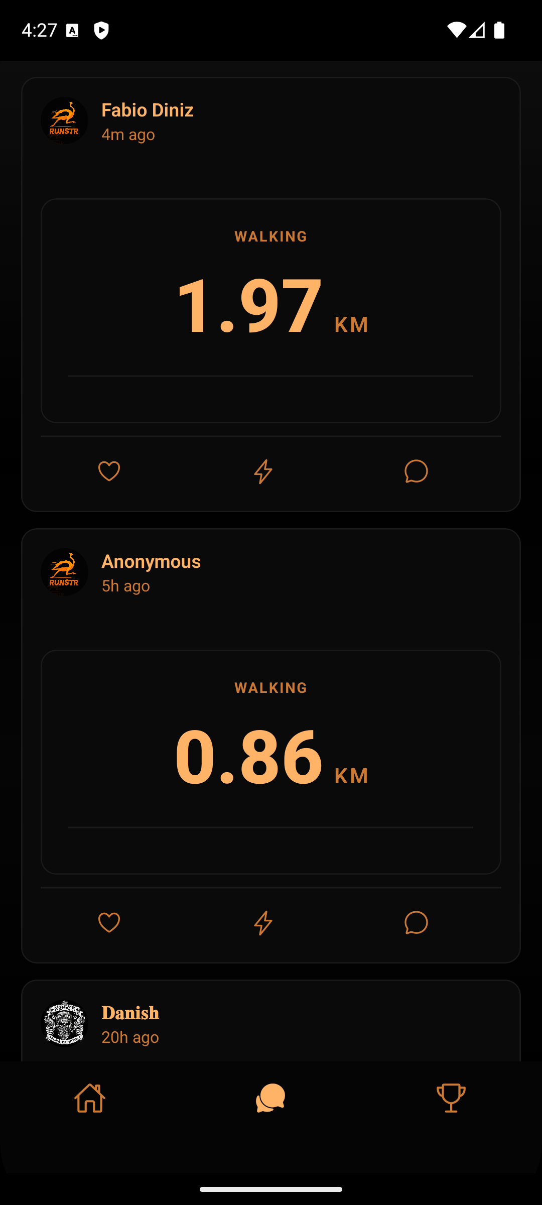 RUNSTR feed showing kind-1301 workout notes from across Nostr